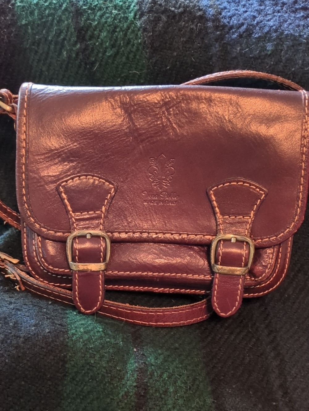 Vera Pelle Burgundy Brown Leather Crossbody Bag with Buckle Straps